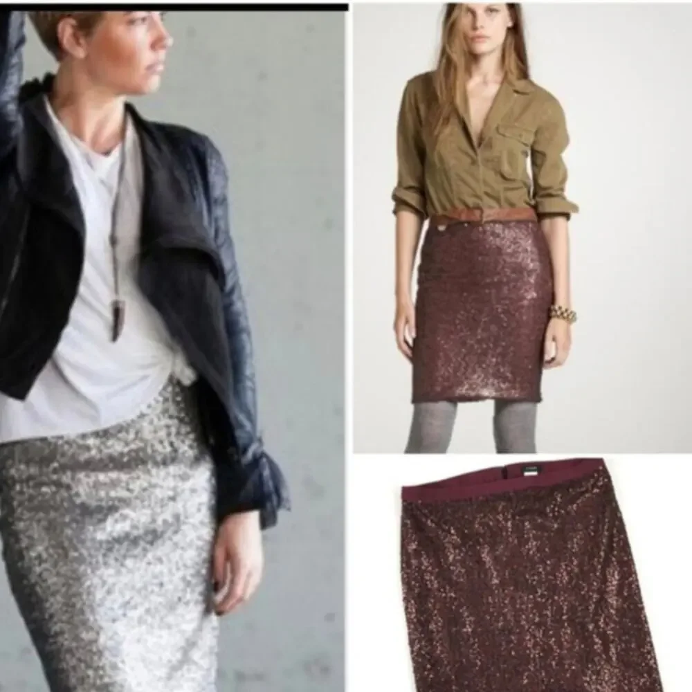 J. Crew Sequin Beaded Pencil Skirt Burgundy Wine Silk Lined NWT Size 4 Holiday